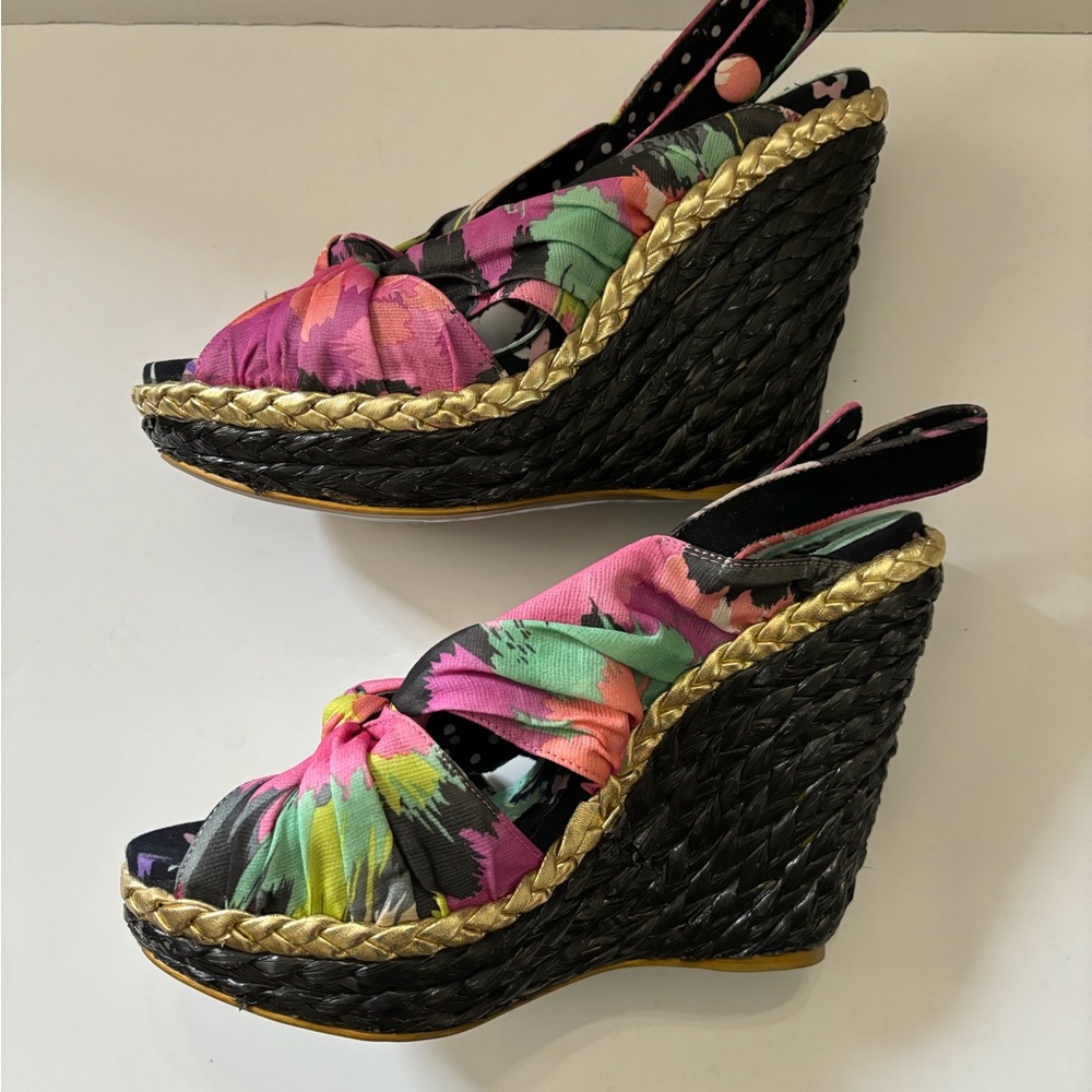 Irregular Choice Pink and Black Wedge Sandals
